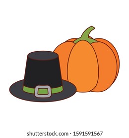 Black hat and pumpkin of thanksgiving day design, Autumn season holiday greeting and traditional theme Vector illustration