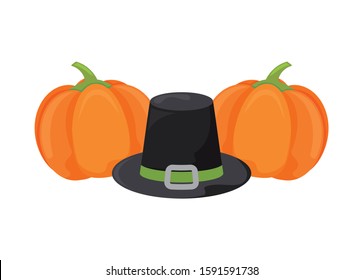 Black hat and pumpkins of thanksgiving day design, Autumn season holiday greeting and traditional theme Vector illustration