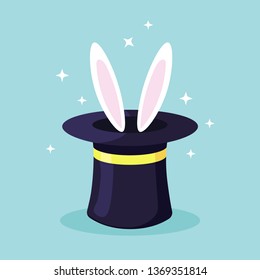 Black hat, rabbit bunny ears isolated on background. Mystery entertainment concept. Vector flat design