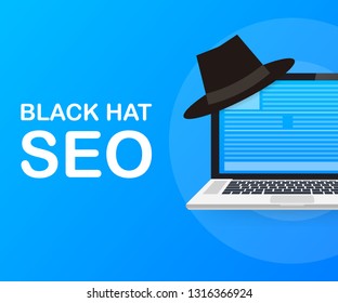 Black hat seo banner. Magnifier, and other search engine optimization tools and tactics. Vector stock illustration.