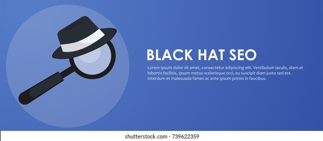 Black Hat Seo Banner. Magnifier, And Other Search Engine Optimization Tools And Tactics. Vector Flat Illustration