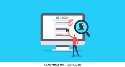 SEO de sombrero negro, sitio web perdiendo clasificación en buscador, práctica de SEO no ética - fondo de ilustración vectorial de diseño plano