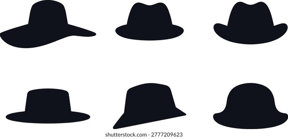 Black Hat Silhouette Collection Featuring Vintage Fashion Caps and Stylish Headwear Isolated on Gray Background