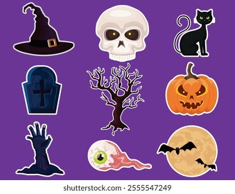 A black hat, skull, black cat, tomb, pumpkin, bat,, hand, eye vector Halloween illustration