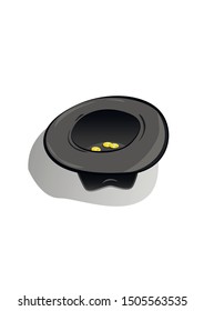 black hat with some coins into it, isolated on a white background vertical vector illustration