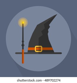 Black Hat Witch and Magic Wand Flat Vector Illustration