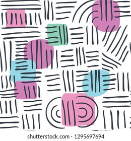 Black hatch marks over colorful abstract shapes on white background seamless repeat pattern