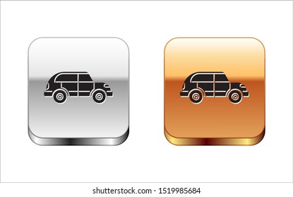 Black Hatchback car icon isolated on white background. Silver-gold square button. Vector Illustration