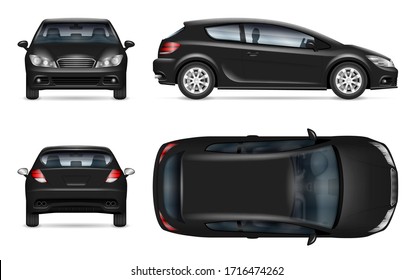 Black hatchback car vector mockup on white for vehicle branding, corporate identity. View from side, front, back, and top. All elements in the groups on separate layers for easy editing and recolor.