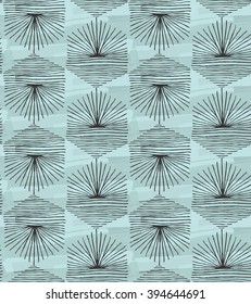 Black hatched hexagons on brushed blue.Hand drawn with ink seamless background.Modern hipster style design.