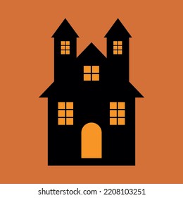 Black haunted halloween house isolated on orange halloween background.