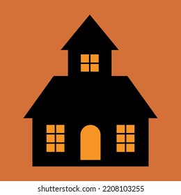 Black haunted halloween house isolated on orange halloween background.