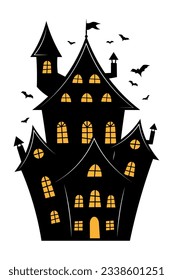 Black haunted house and bats for Halloween. Vector.