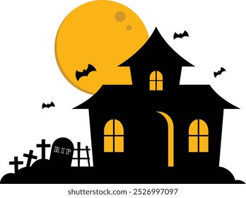 Black Haunted House And Scary Graveyard Under Moonlight