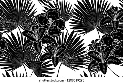 Black hawaiian flowers and palm leaves pattern. Vector illustration. Botanical seamless wallpaper. Digital nature art. Cartoon style sketch. White background.