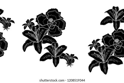 Black hawaiian flowers pattern. Vector illustration. Botanical seamless wallpaper. Digital nature art. Cartoon style sketch. White background.