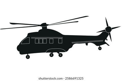 Black Hawk style helicopter silhouette in black isolated on white background, vector graphic.