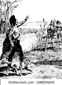 La Tragedia del Halcón Negro, esta escena muestra a un hombre con un perro diciendo algo levantando una mano a dos hombres en el bosque, dos hombres sosteniendo armas, dibujando líneas antiguas o grabando ilustraciones