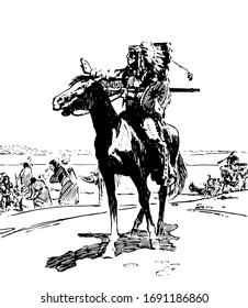 La Tragedia del Halcón Negro, esta escena muestra a un hombre montado a caballo diciéndole algo a la gente que trabaja detrás de él, dibujo vintage de líneas o ilustración grabadora