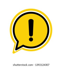 Black hazard warning attention sign or exclamation symbol in a yellow speech bubble icon vector illustration isolated flat style on white background