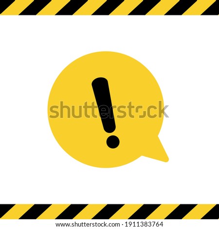 Black hazard warning attention sign or exclamation symbol in a yellow speech bubble icon with black and yellow striped vector illustration flat style on white background