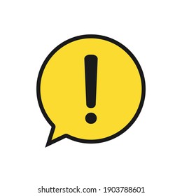 Black hazard warning exclamation sign in yellow speech bubble. Warning hazard chat symbol. Vector isolated on white.