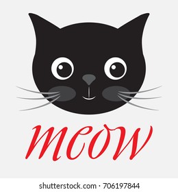 Black head of Cat with hand lettering word 'Meow' on white background. Vector illustration. Cute icon. Animal silhouette.