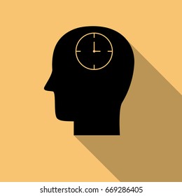 Black Head and clock icon with long shadow. Creative logo design. Modern pictogram concept for web design
