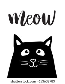 Black head of Cute Cat with hand lettering word Meow on white background. Vector illustration. Cute animal icon. Kitty silhouette.