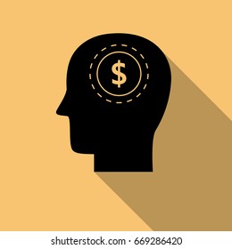 Black Head with dollar symbol icon  with long shadow. Creative logo design. Modern pictogram concept for web design