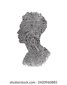 Black head fingerprint. Black and white portrait of a person in Fingerprint. Recognition, identification, identity, authentication, id, technology concept. Vector Illustration. 	