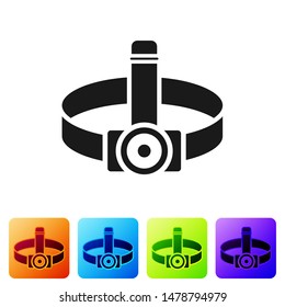 Black Head flashlight icon isolated on white background. Tourist head flashlight. Camping head light. Set icons in color square buttons. Vector Illustration