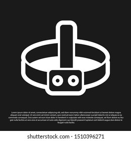 Black Head flashlight icon isolated on black background. Tourist head flashlight. Camping head light.  Vector Illustration