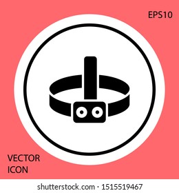 Black Head flashlight icon isolated on red background. Tourist head flashlight. Camping head light. White circle button. Vector Illustration