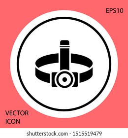 Black Head flashlight icon isolated on red background. Tourist head flashlight. Camping head light. White circle button. Vector Illustration