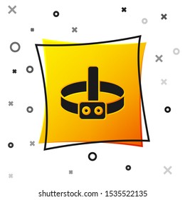Black Head flashlight icon isolated on white background. Tourist head flashlight. Camping head light. Yellow square button. Vector Illustration