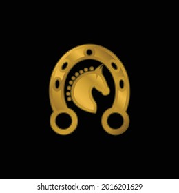 Black Head Horse In A Horseshoe gold plated metalic icon or logo vector