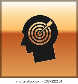 Black Head hunting concept icon isolated on gold background. Business target or Employment sign. Human resource and recruitment for business. Vector Illustration