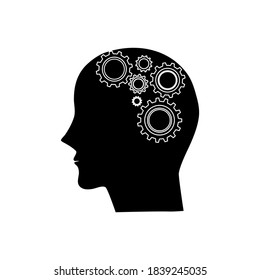Black of head icon of man and cogwheel. Silhouette of head and gear wheel