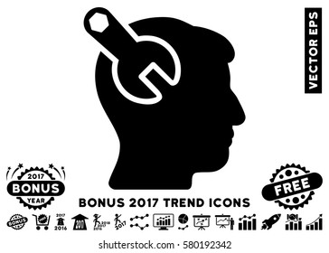 Black Head Neurology Wrench icon with bonus 2017 trend pictograms. Vector illustration style is flat iconic symbols, white background.