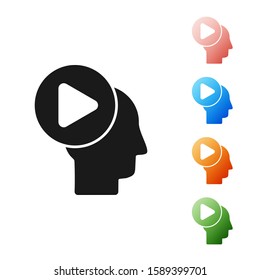 Black Head people with play button icon isolated on white background. Set icons colorful. Vector Illustration