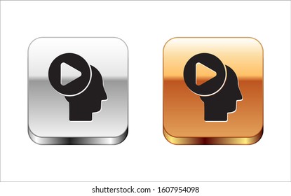 Black Head people with play button icon isolated on white background. Silver-gold square button. Vector Illustration