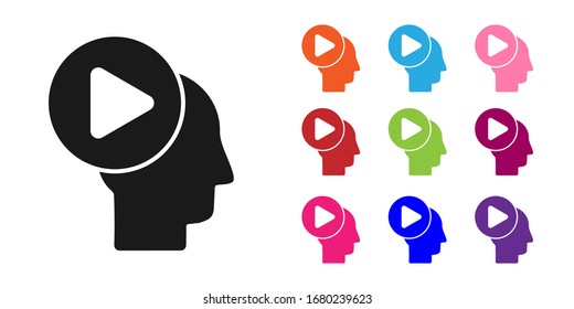 Black Head people with play button icon isolated on white background. Set icons colorful. Vector Illustration