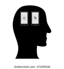 Black head with phone inside on white background