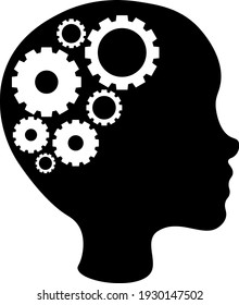 Black head profile with white gear wheels. Head and Brain Gears in Progress. Cogwheel engineering technological inside brain, artificial intelligence.