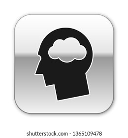 Black Head silhouette with cloud icon isolated on white background. Dreaming sign. Silver square button. Vector Illustration