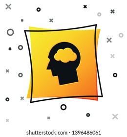 Black Head silhouette with cloud icon isolated on white background. Dreaming sign. Yellow square button. Vector Illustration