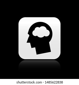 Black Head silhouette with cloud icon isolated on black background. Dreaming sign. Silver square button. Vector Illustration Black Head silhouette with cloud icon isolated on black background. Dreaming sign. Silver square button. Vector Illustration