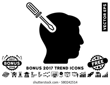 Black Head Surgery Screwdriver pictograph with bonus 2017 year trend symbols. Vector illustration style is flat iconic symbols, white background.