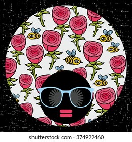 Black head woman with cool pattern on her hair. Vector illustration.